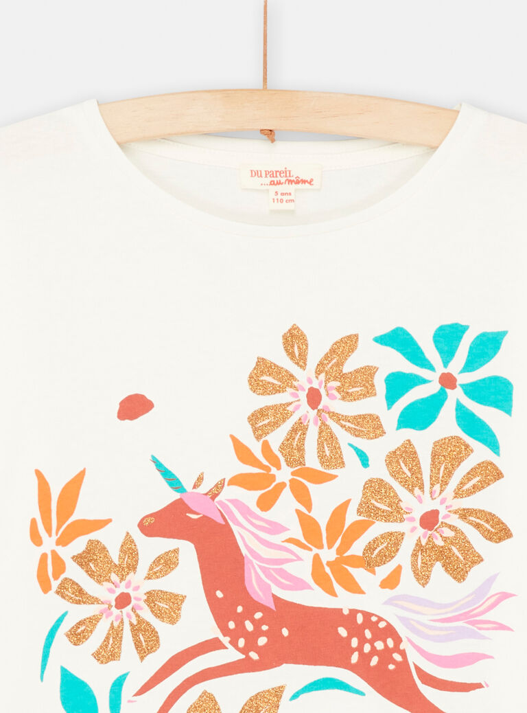 T-shirt écru manches longues animation licorne fille