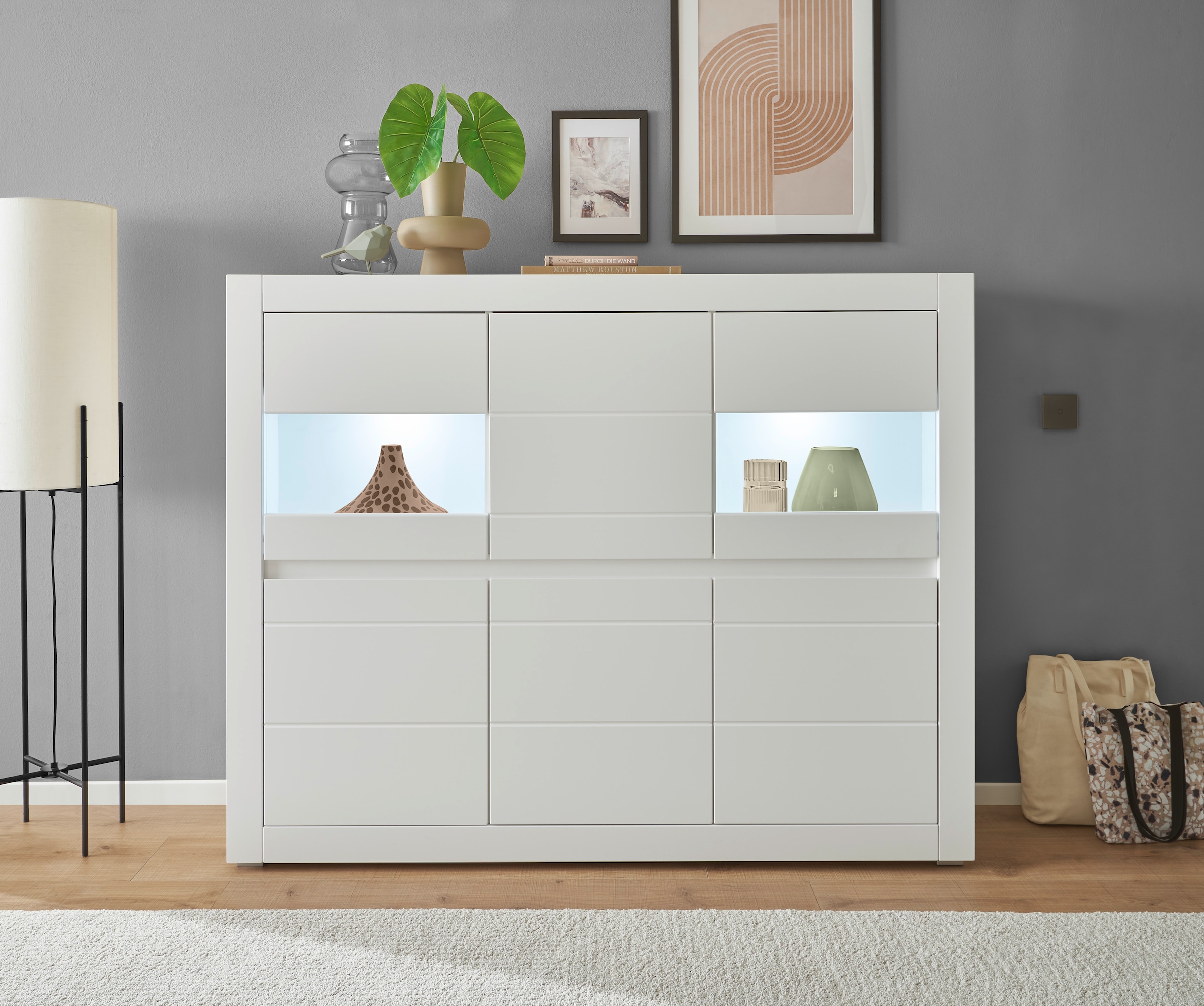 INOSIGN Highboard »Chester, moderne Kommode, Schrank mit Stauraum, Sideboard in Weiss Matt« 1 Stk. tlg. austauschbare Blende in Griffleiste, zeitloses Design, 165 cm breit