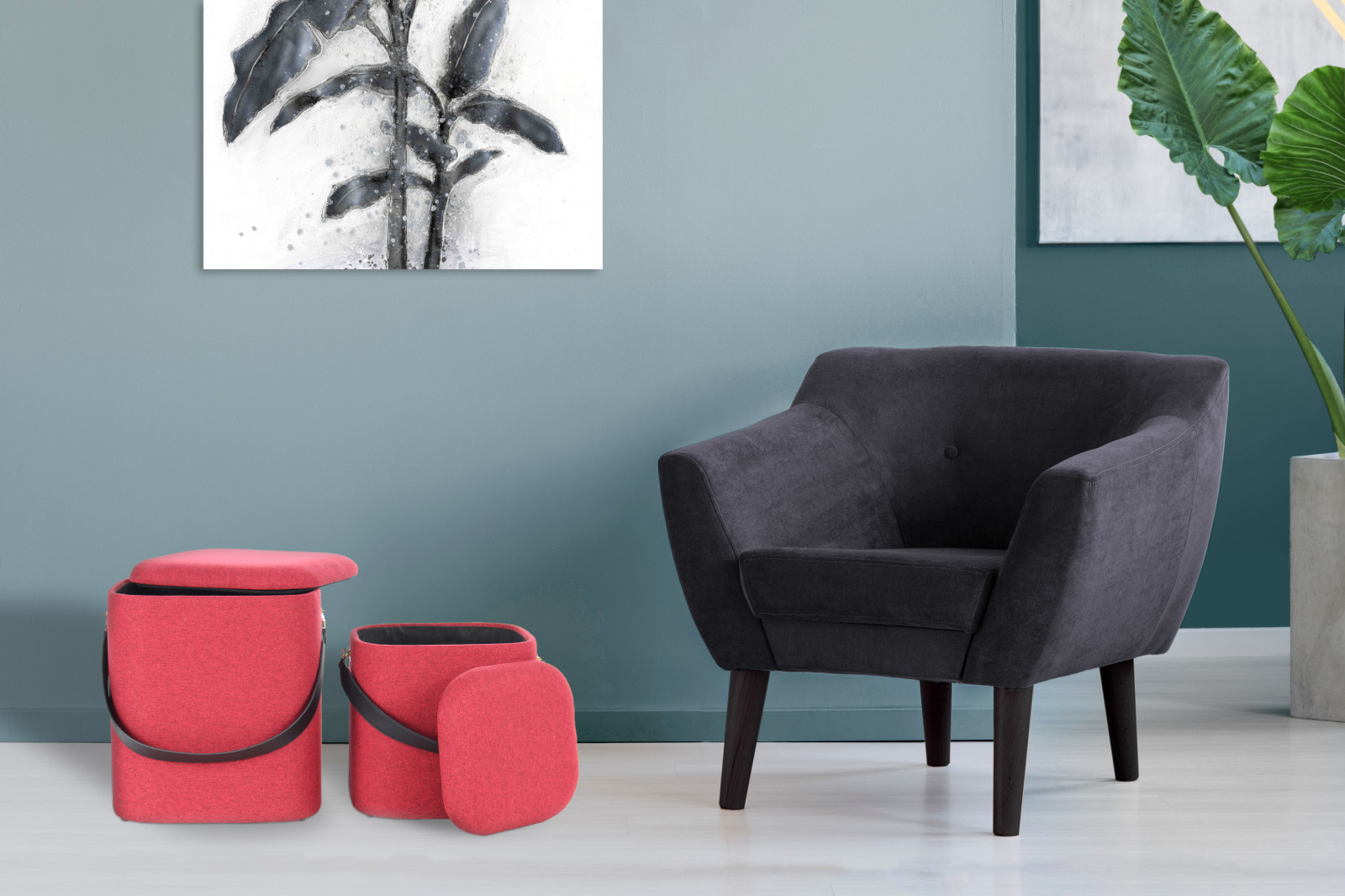 2er-Set Hocker ARABELLA 225 - rot-schwarz - ineinander stapelbar