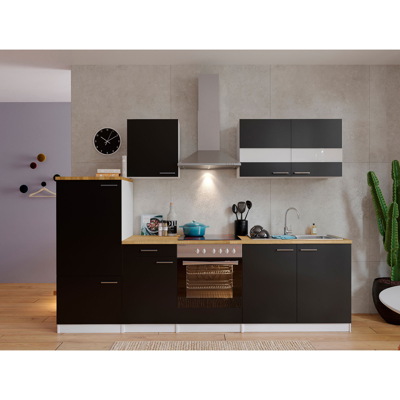 RESPEKTA Küchenblock - schwarz-weiß - mit E-Geräten - 270 cm