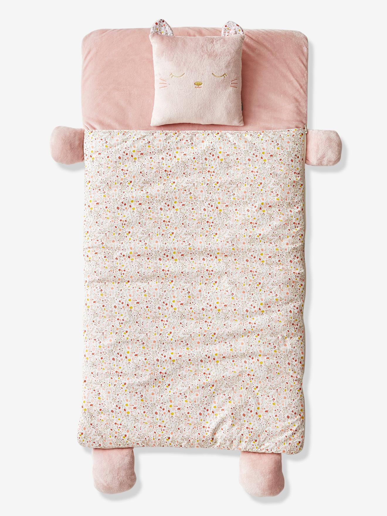 Saco de dormir tamanho médio com estampa de gato rosa