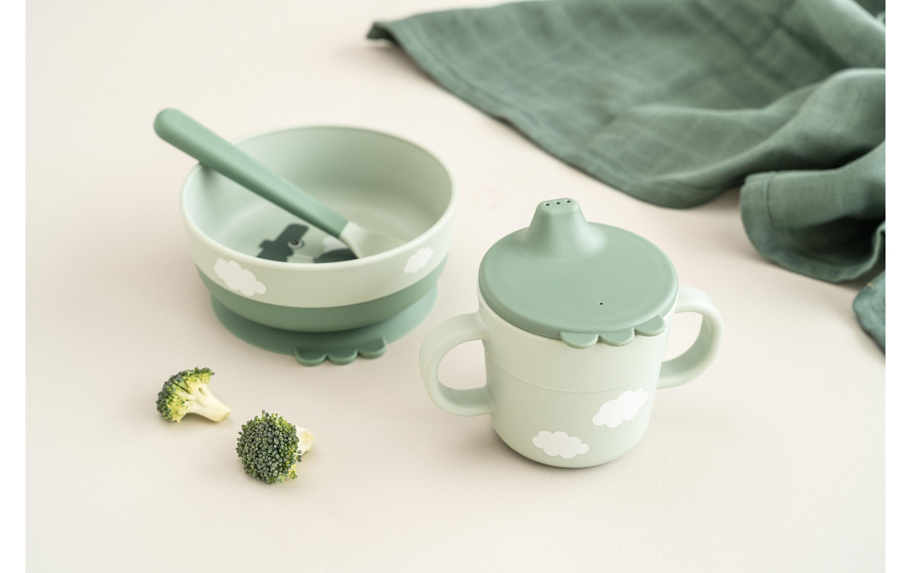 Kindergeschirrset Foodie first meal Happy Clouds GrünFirst-Meal Set mit Saugfuss