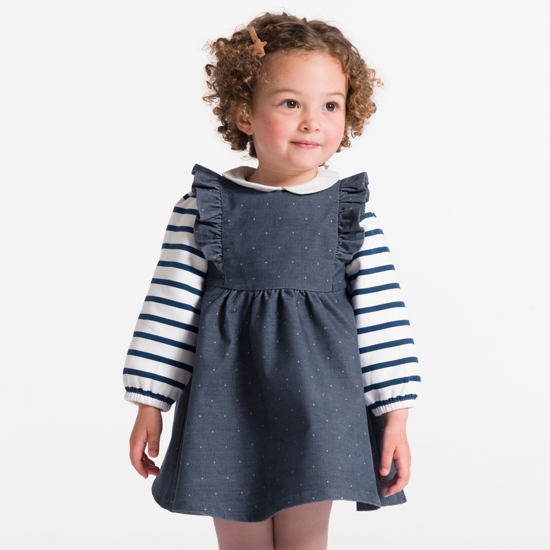 Robe à pois en velours côtelé bleue bébé fille