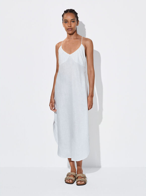 Vestido de linho com costas cruzadas - Branco-creme