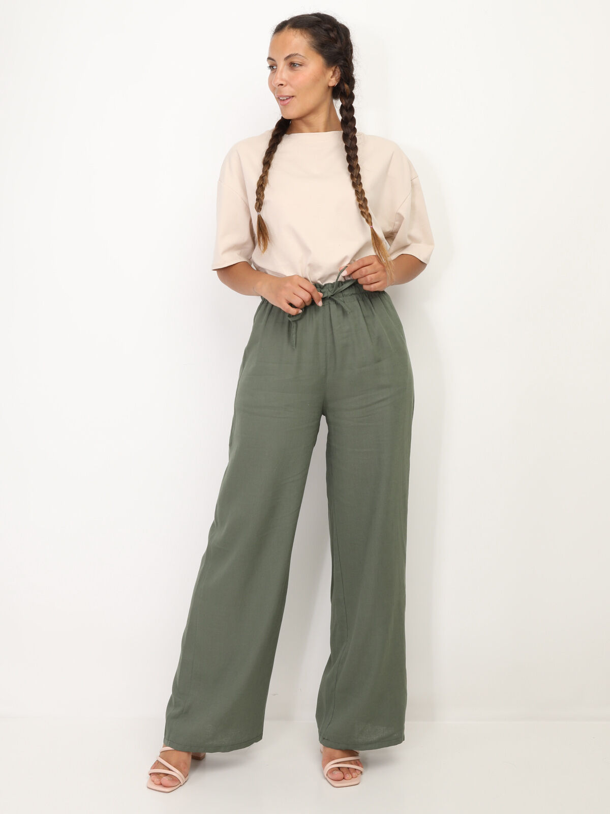 Pantalon en lin large à liens- Kaki