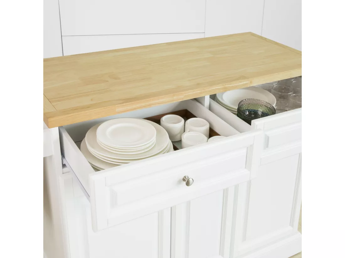 Desserte Roulante Meuble De Rangement À Roulettes En Bois Avec 2 Tiroirs Et 3 Portes, Fkw100-wn