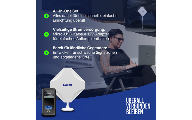 Falcon Evo 5G Mobile Deluxe Internetantenne mit tragbarem Router und bis zu 3400 Mbit/s Geschwindigkeit