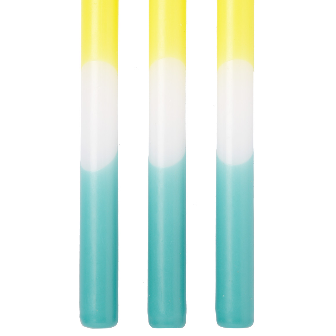 3 Stabkerzen mit  farbigem Muster gelb / weiss / dunkelblau