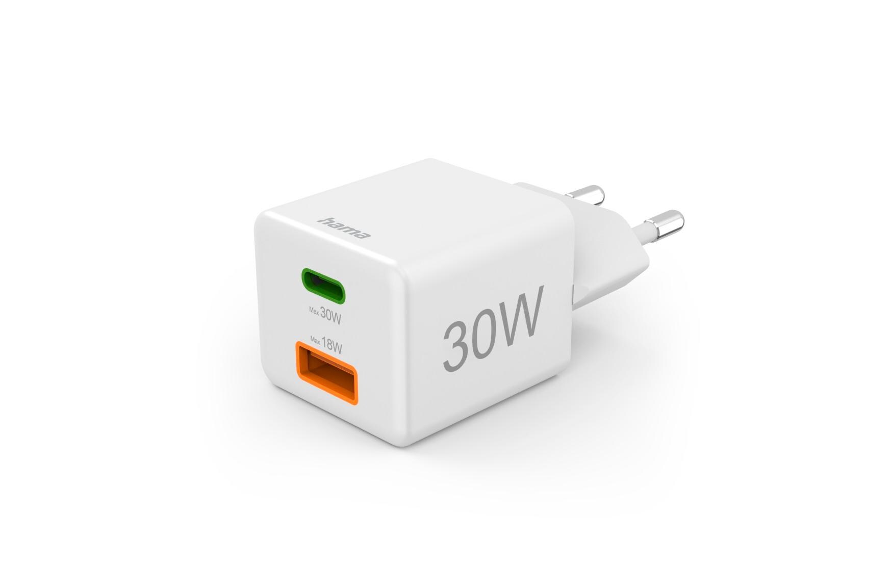 USB-Wandladegerät Gan charger USB-A USB-C 30 W WeissSchnellladegerät mit 1x USB-C und 1x USB-A