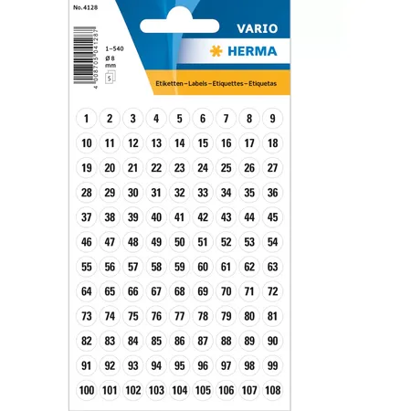 HERMA 4128 Zahlen (1-540) Ø 8 mmPapier, 5 Bl.