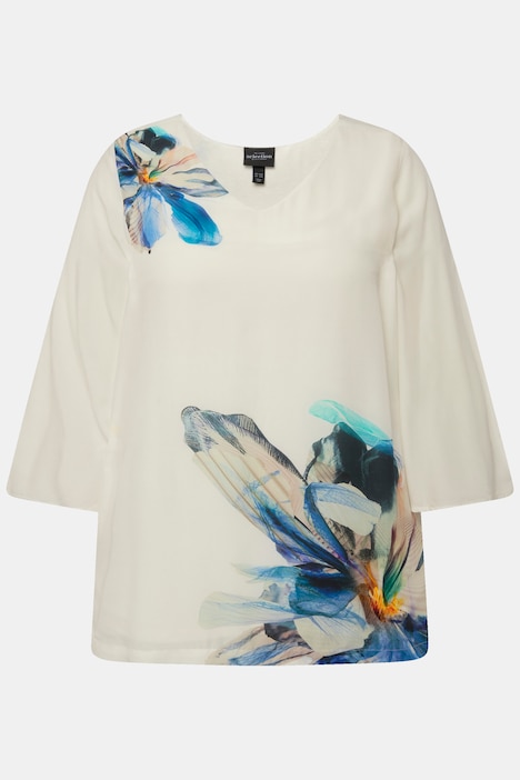Bluse, Blüten, Oversized, V-Ausschnitt, 3/4-Glockenärmel