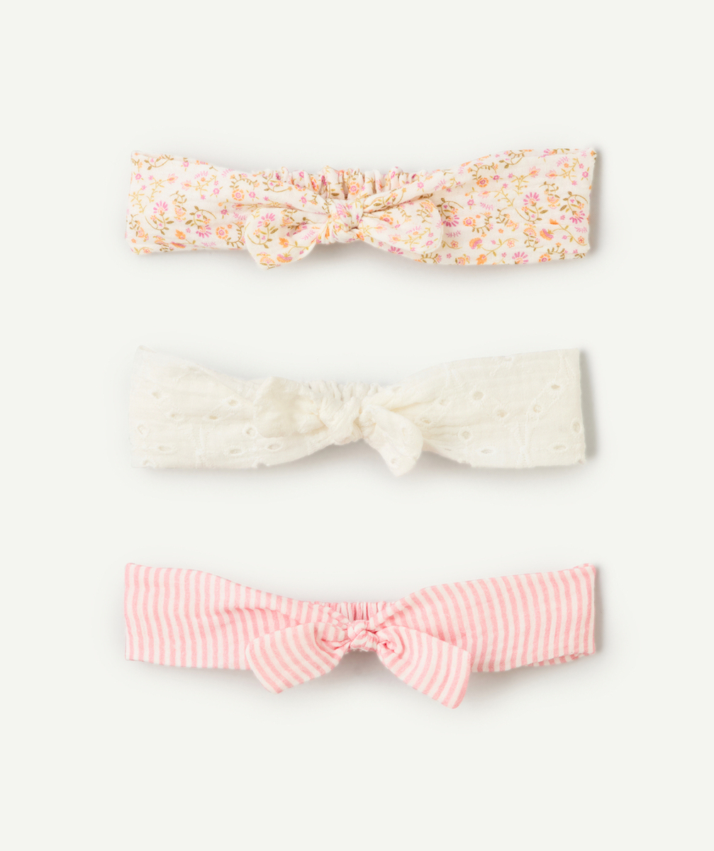 lot de 3 bandeaux bébé fille rayés rose, blanc et imprimé