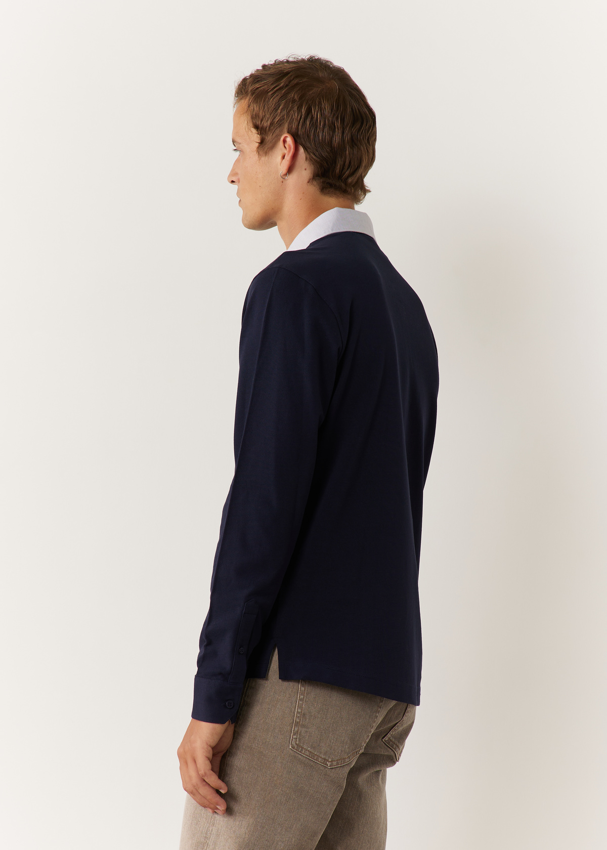 Polo manches longues Slim en coton uni bleu jeans