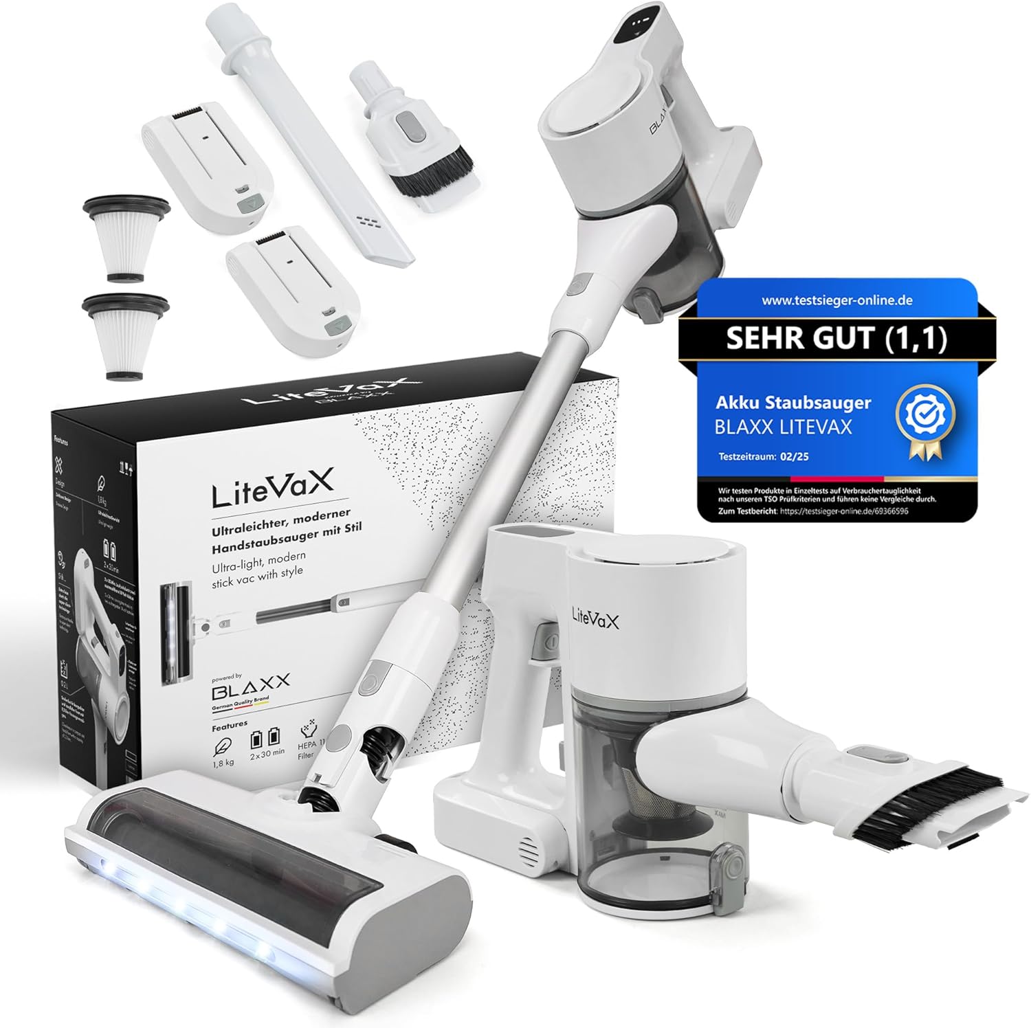 BLAXX LVX Akku Staubsauger kabellos – 60 Min Laufzeit, Akkustaubsauger mit 2 Akkus & Schnelllader, beutellos mit HEPA-Filter, leicht & leise, Smart Display, LEDs, Anti-Tangle-Bürste, Turbomodus