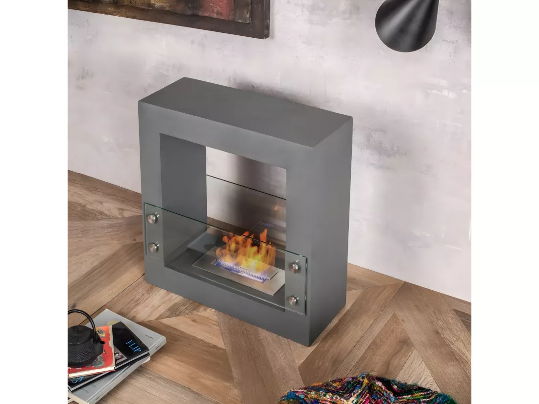 Bio-cheminée bioéthanol au sol design en gris chrome 60 x 24 xh 60 cm