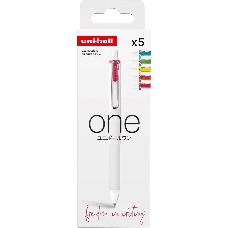 Stylo roller Uni Ball One écriture moyenne - Pochette de 5 couleurs fun