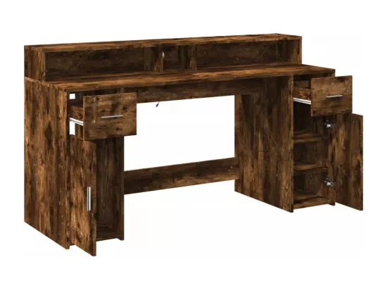 Bureau et lumières LED chêne fumé 160x55x91cm bois d'ingénierie