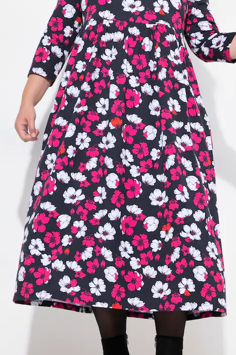 Jerseykleid, Blüten, A-Linie, Runhals, 3/4-Arm, Taschen, schwarz