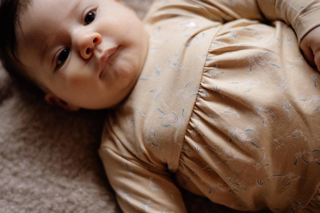 LEVV gebloemde baby A-lijn jurk LNANNENOS van katoen geelgroen