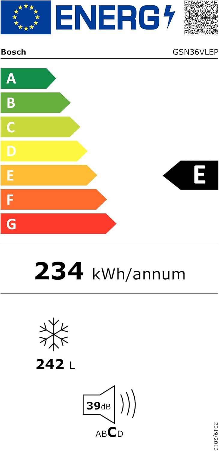 Bosch GSN36VLEP, Congélateur pose-libre, Série 4, 242 L, 4 tiroirs de congélation, 186 x 60 cm, Inox