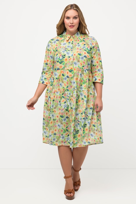 Hemdblusenkleid, Blüten, A-Linie, Hemdkragen, 3/4-Arm