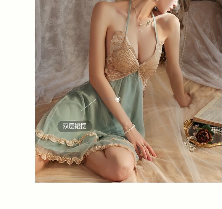 Sithon - Halterhals vlinderkant rand gewatteerde open rug mesh nachthemd / pyjamajas