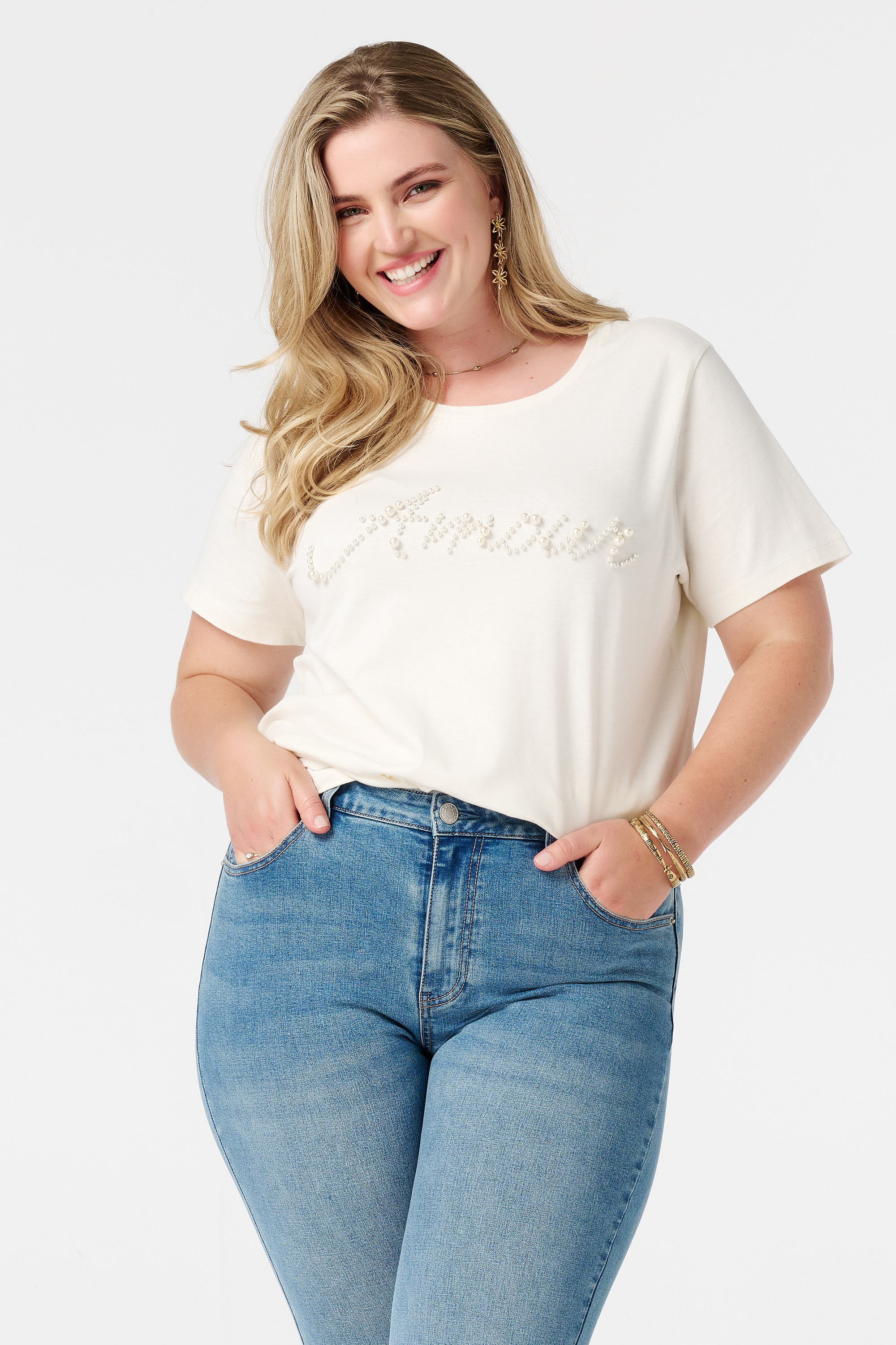 T-shirt met tekst van imitatieparels Cream