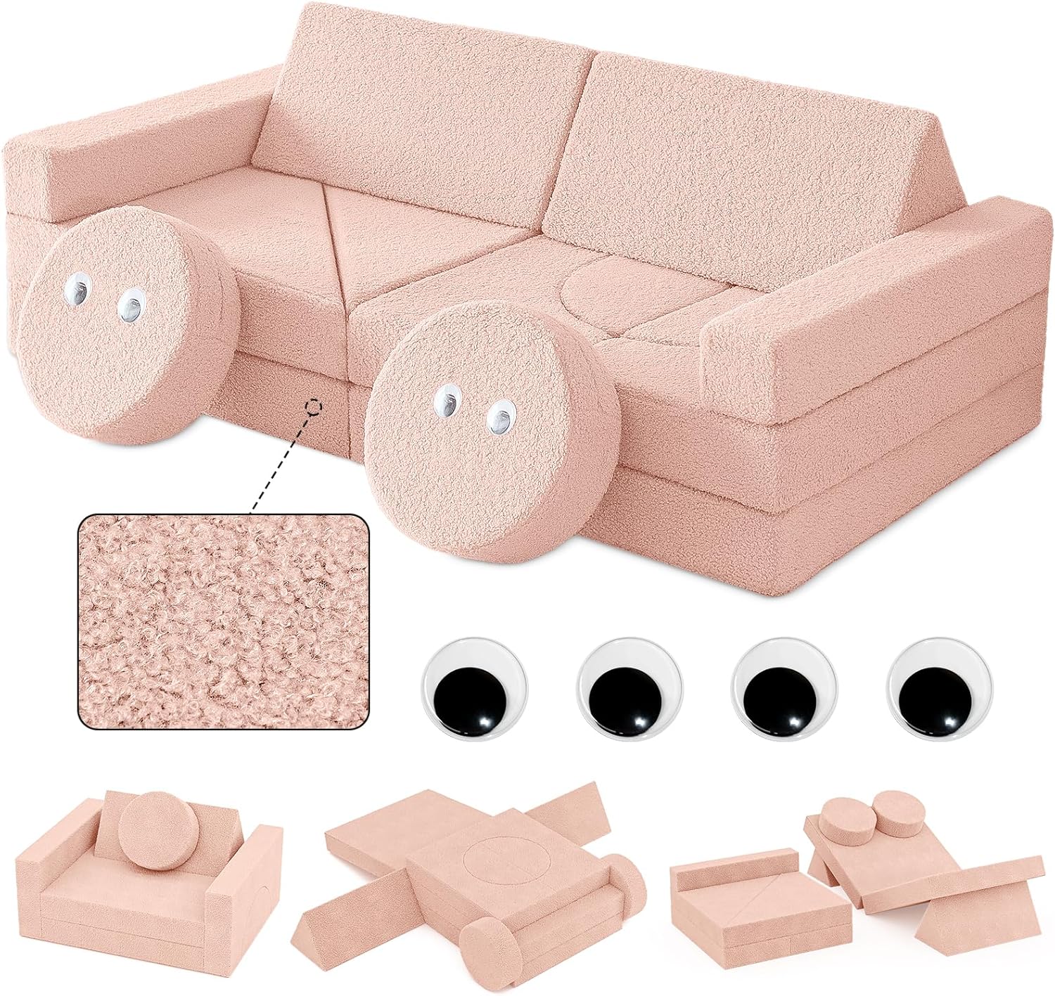 Suhu Spielsofa für Kinder Kindercouch Abnehmbar Ausklappbares Modulares Kindersofa Bausteine für Spielzimmer Schaumstoff Schlafzimmer Möbel DIY Rosa