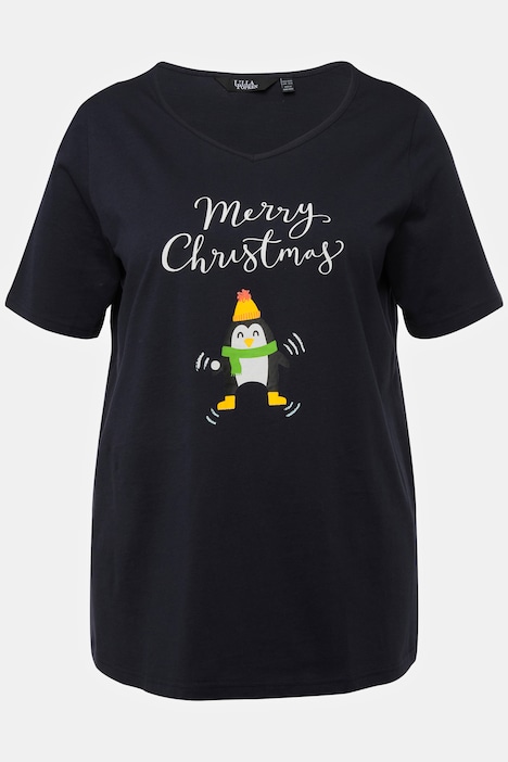 Weihnachts-Shirt, Pinguin, A-Linie, V-Ausschnitt, Halbarm