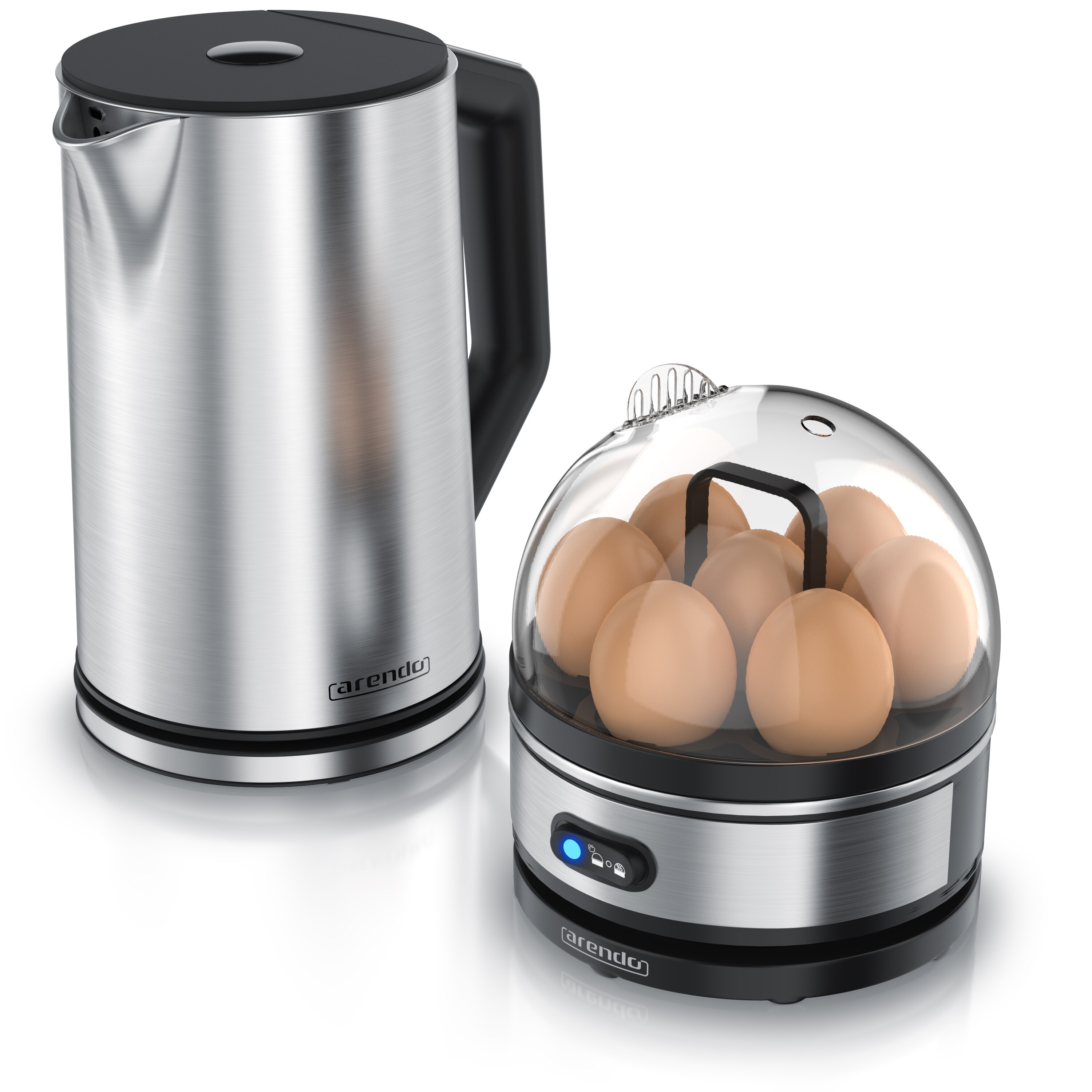 Arendo 2-teiliges Frühstücksset, 7er Eierkocher SEVENCOOK, Edelstahl Wasserkocher 1,5L, Silber