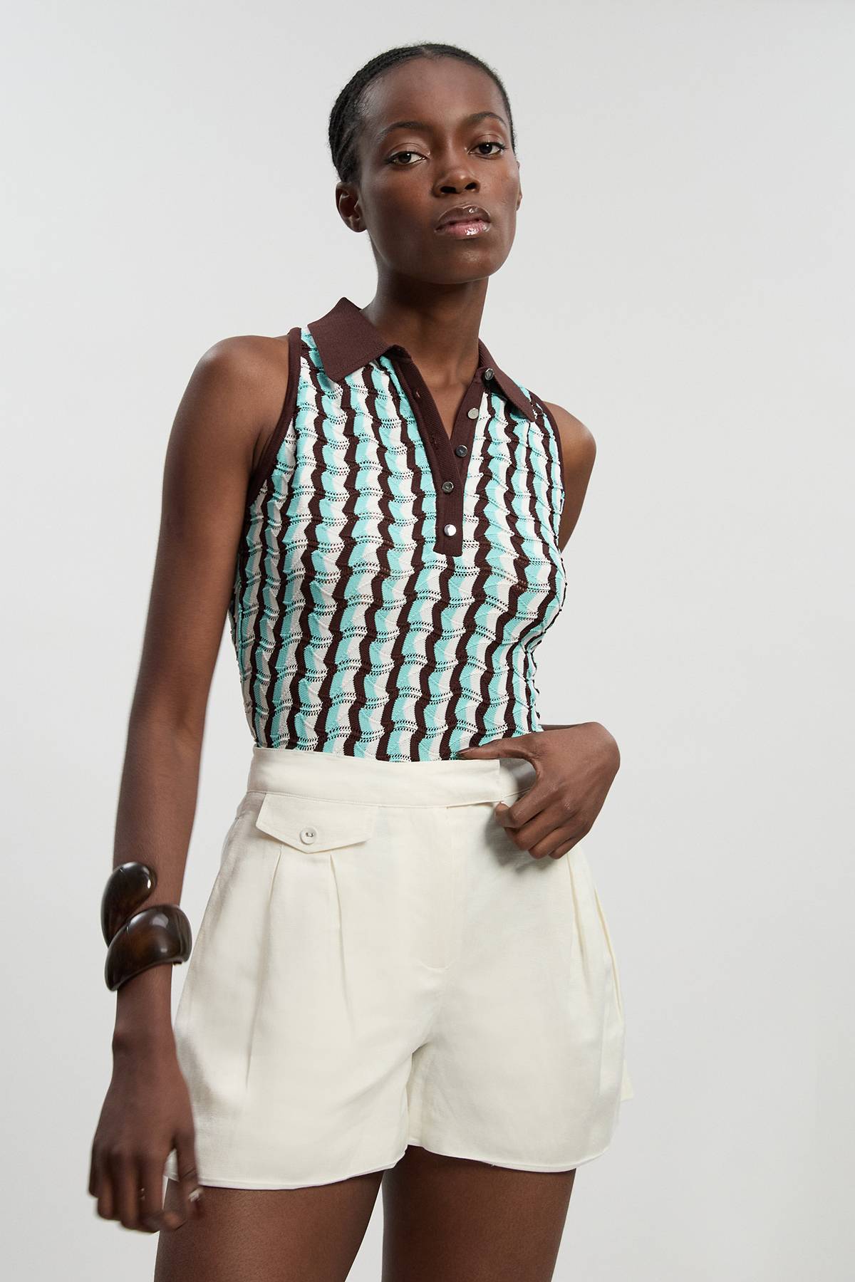 KarenMillen Haut Midi Sans Manches En Maille Pointelle À Col Contrastant
