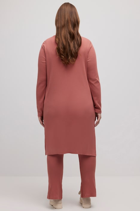 Long-Shirtjacke, Rippjersey, V-Ausschnitt, Biobaumwolle