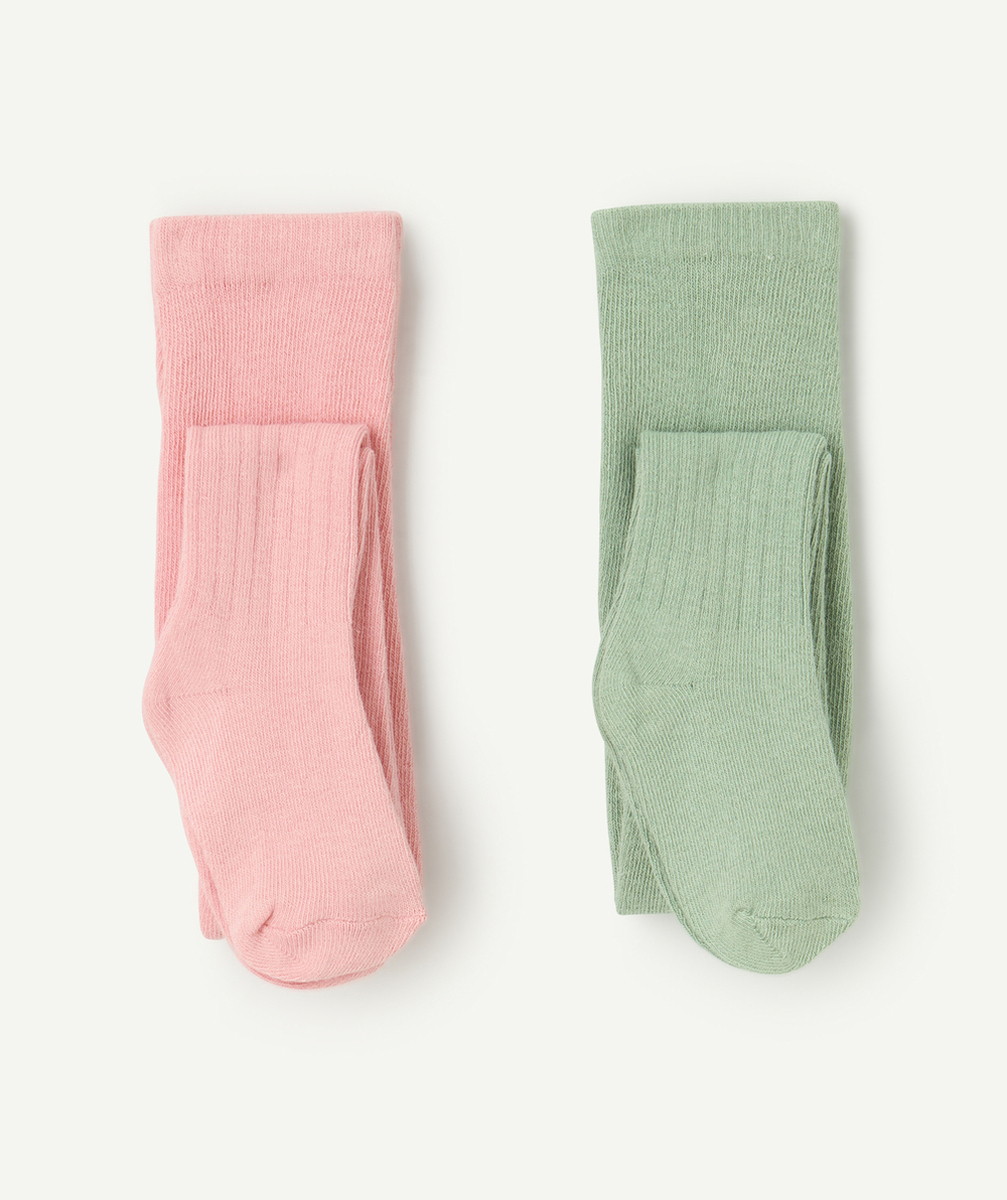 lot de 2 collants fille rose et vert côtelés