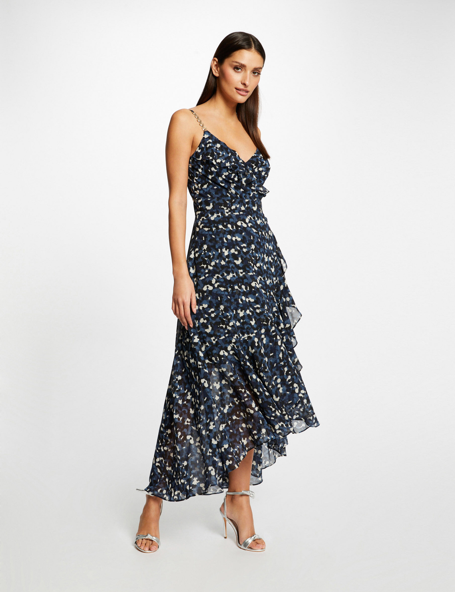 Robe longue évasée imprimé abstrait bleu femme - bleu