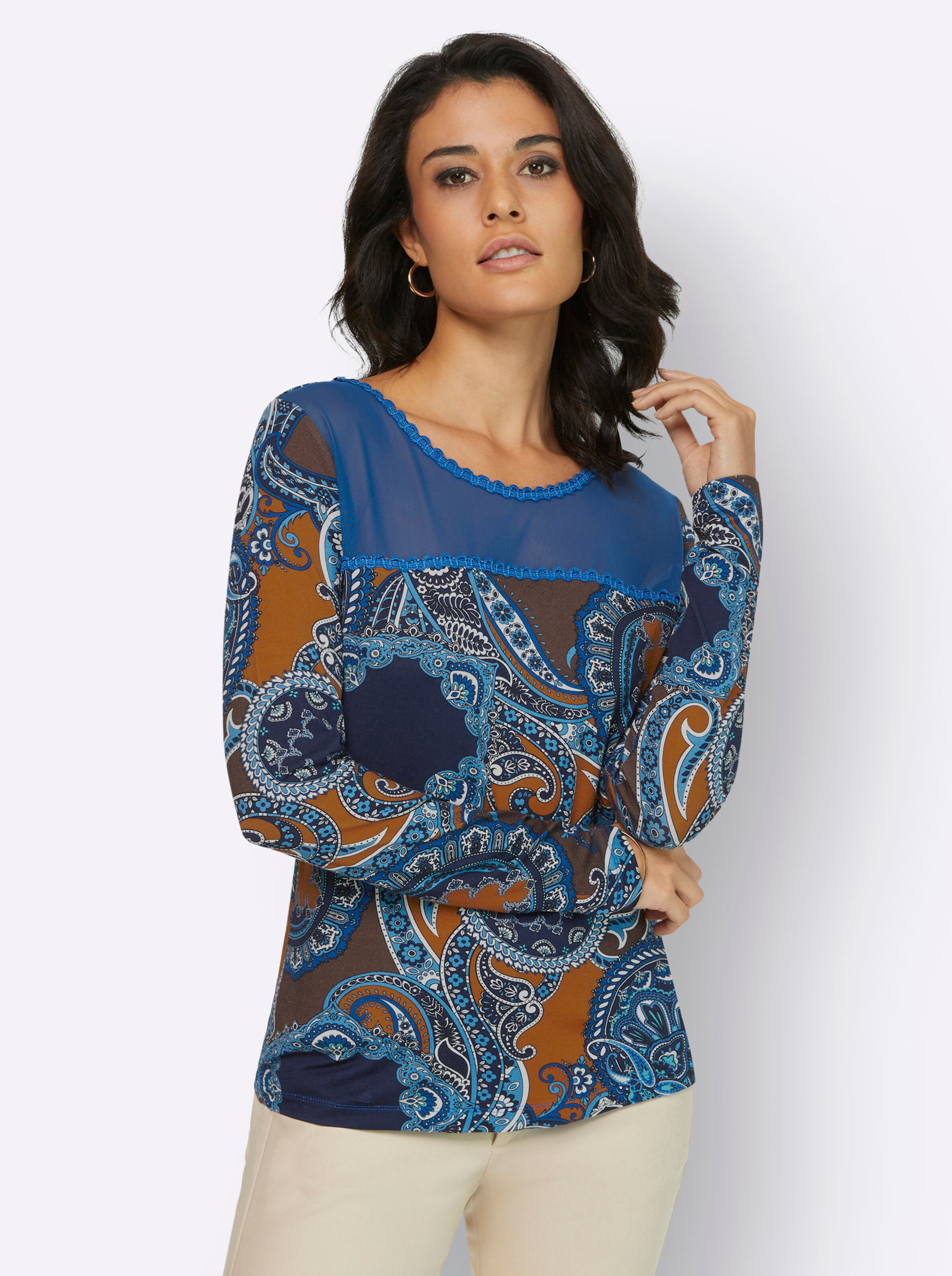 Rundhalsshirt in schoko-royalblau-bedruckt