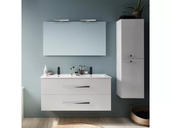 Pack meuble lavabo double vasque JACOB DELAFON Ola Up + colonne + miroir + spot