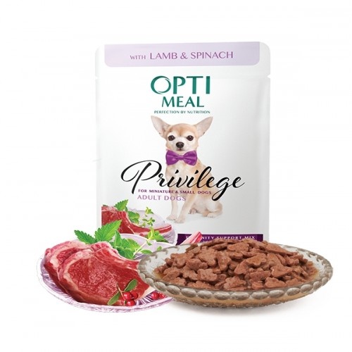 Alimento úmido Optimeal para cães de raças pequenas e miniaturas, sabor cordeiro e espinafre.