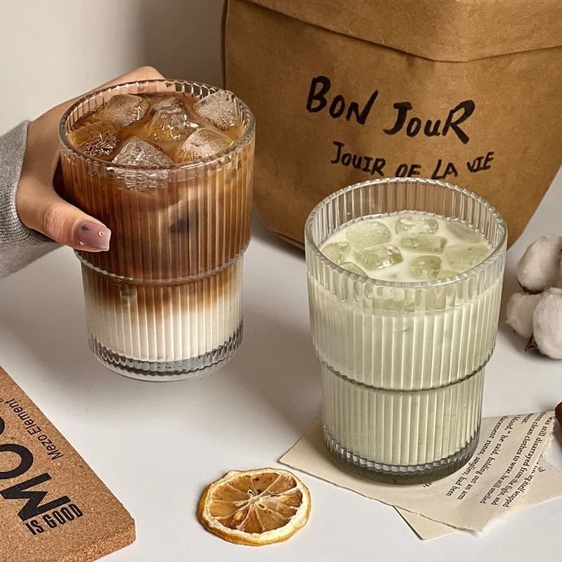 Home Simply - Gestructureerde glazen drinkbeker / deksel / drinkrietje / set