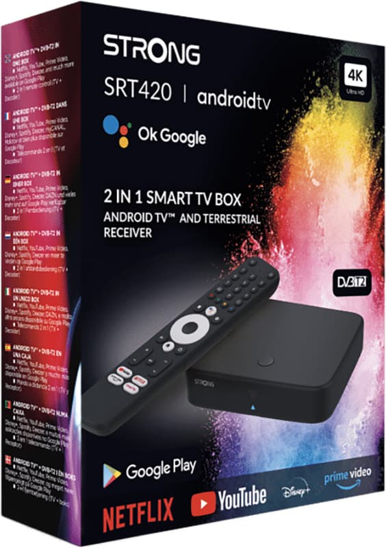 Strong Hybrid DVB-T2 og Android TV Box 4K UHD streamingenhed (sort)