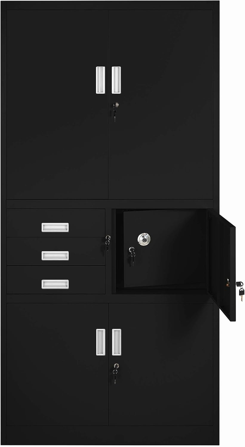 Jan Nowak Aktenschrank, Büroschrank, Metallschrank mit Tresor | 3 Schubladen, Höhenverstellbare Fachböden, Geheimfach, Pulverbeschichtet | für Büro, Archiven | 185 cm x 90 cm x 40 cm, Schwarz