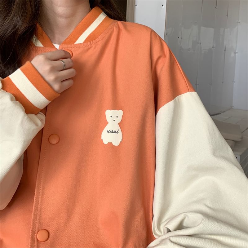 Peach+velvet - Baseballjack met knopen en berenprint