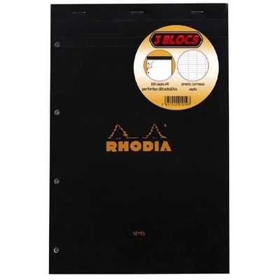 Rhodia - Pack de 3 blocs notes - 21 x 31,8 cm - 160 pages - grands carreaux - noir