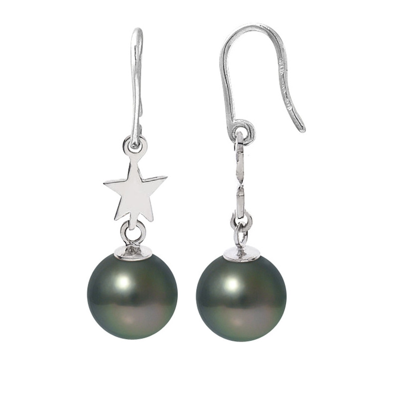 Boucles d'Oreilles Etoiles Pendantes Perles de Tahiti et Argent 925/1000