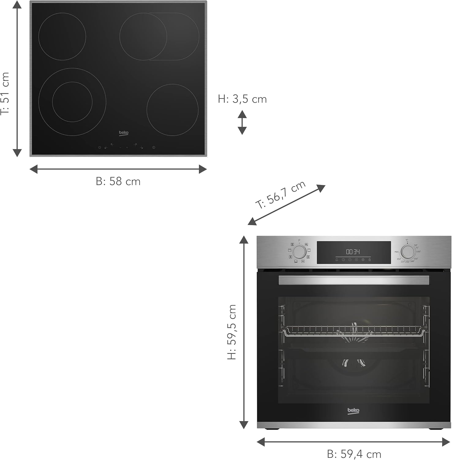 Beko BBSM12320X Einbau-Backofen-Set, zwei autarke Geräte: Glaskeramik-kochfeld mit 4 Kochzonen, Backofen mit 8 Heizarten, 72 l Garraum-Volumen, AeroPerfect, Sensortasten, Schwarz/Edelstahl