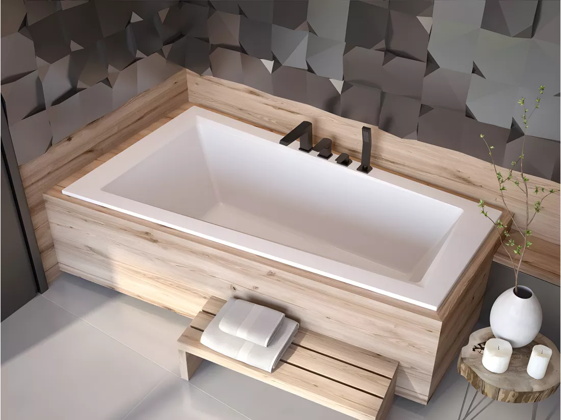 Baignoire asymétrique blanche encastrée + repose tête - INTIMA SLIM - 150 x 85 cm - gauche