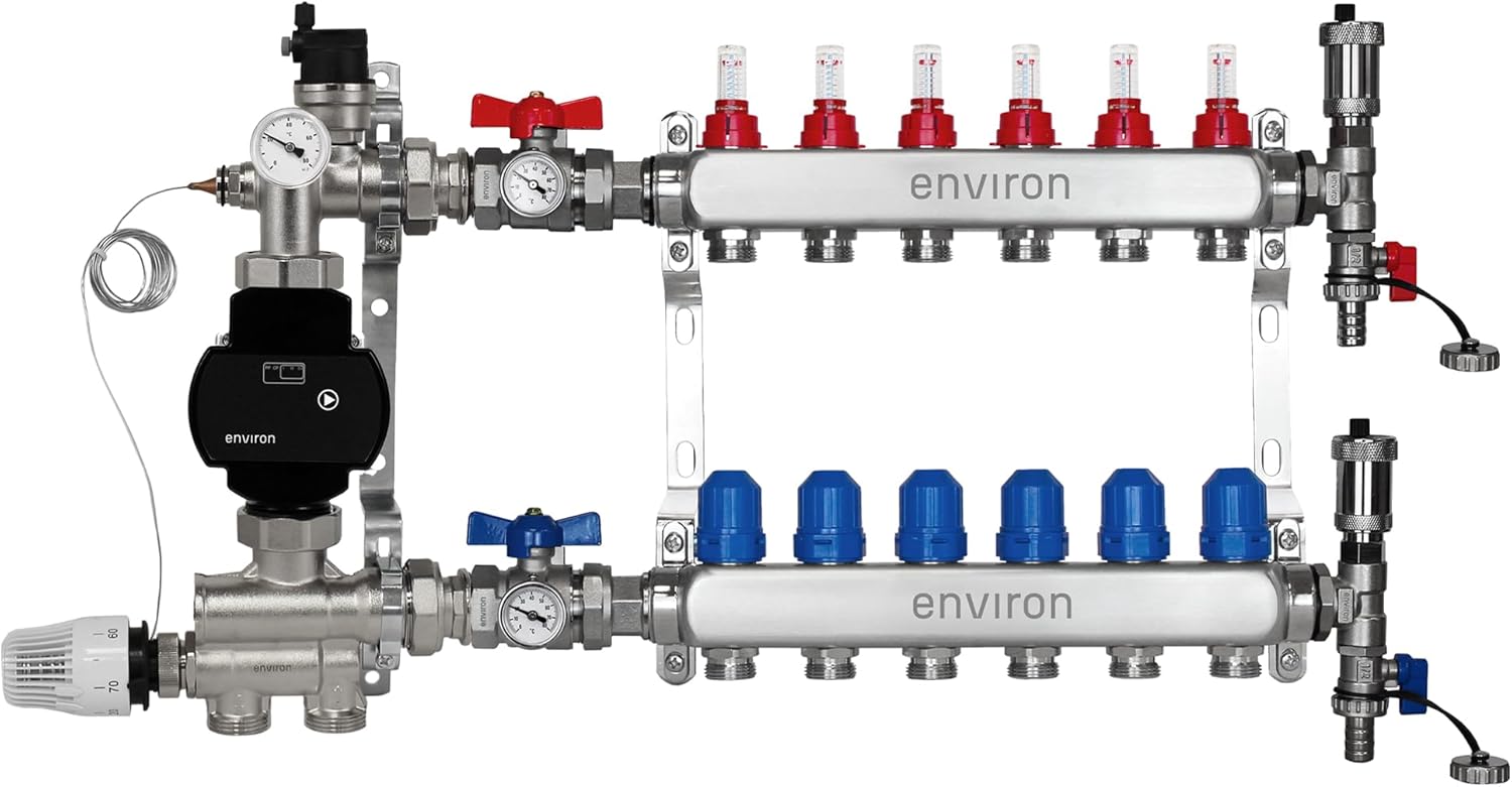 ENVIRON- Heizkreisverteiler [2-12 Heizkreise] mit Festwertregelset, Kugelhahn Set und Schnellentlüfter Set | Hocheffizienzpumpe (Environ Ecocirc 25/6, 6 Heizkreise)