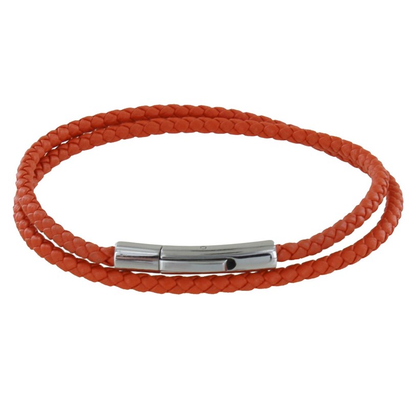 Bracelet Femme Double Tour Cuir Tréssé Rond pour Poignet de 18cm - Orange