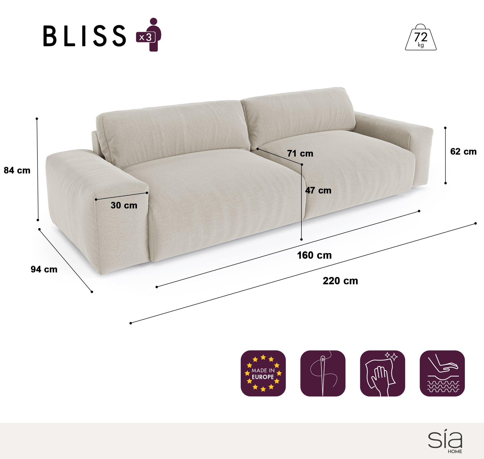 Rechte bank BLISS 3 personen Fluweel Mol