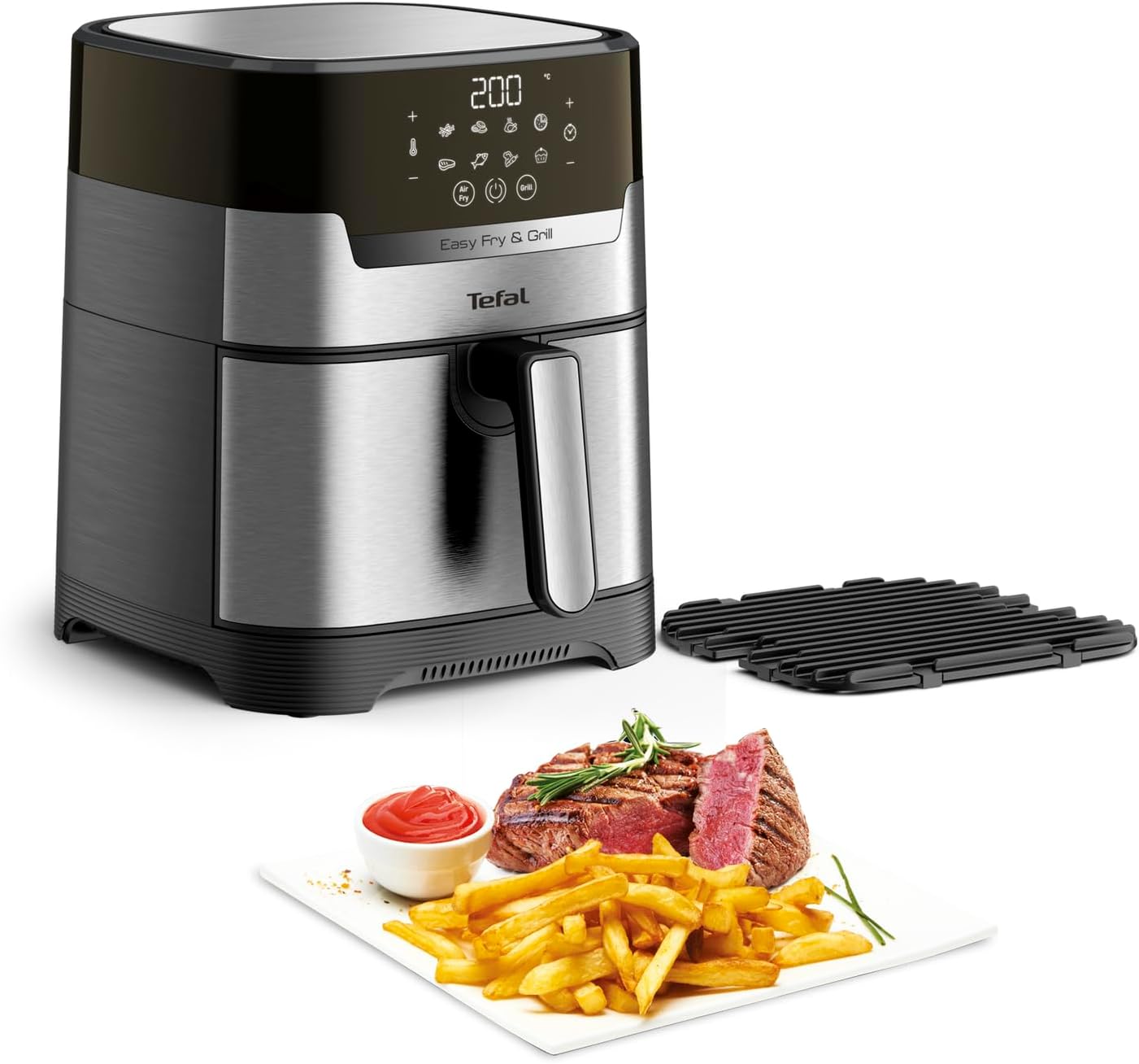 Tefal Easy Fry & Grill Heißluftfritteuse, 2-in-1 Technologie Air Fryer und Grill, Digitales Display, 4,6 Liter für 6 Portionen, 8 Kochprogramme, energiesparend, ohne Öl, Edelstahl, XL Volumen, EY505D