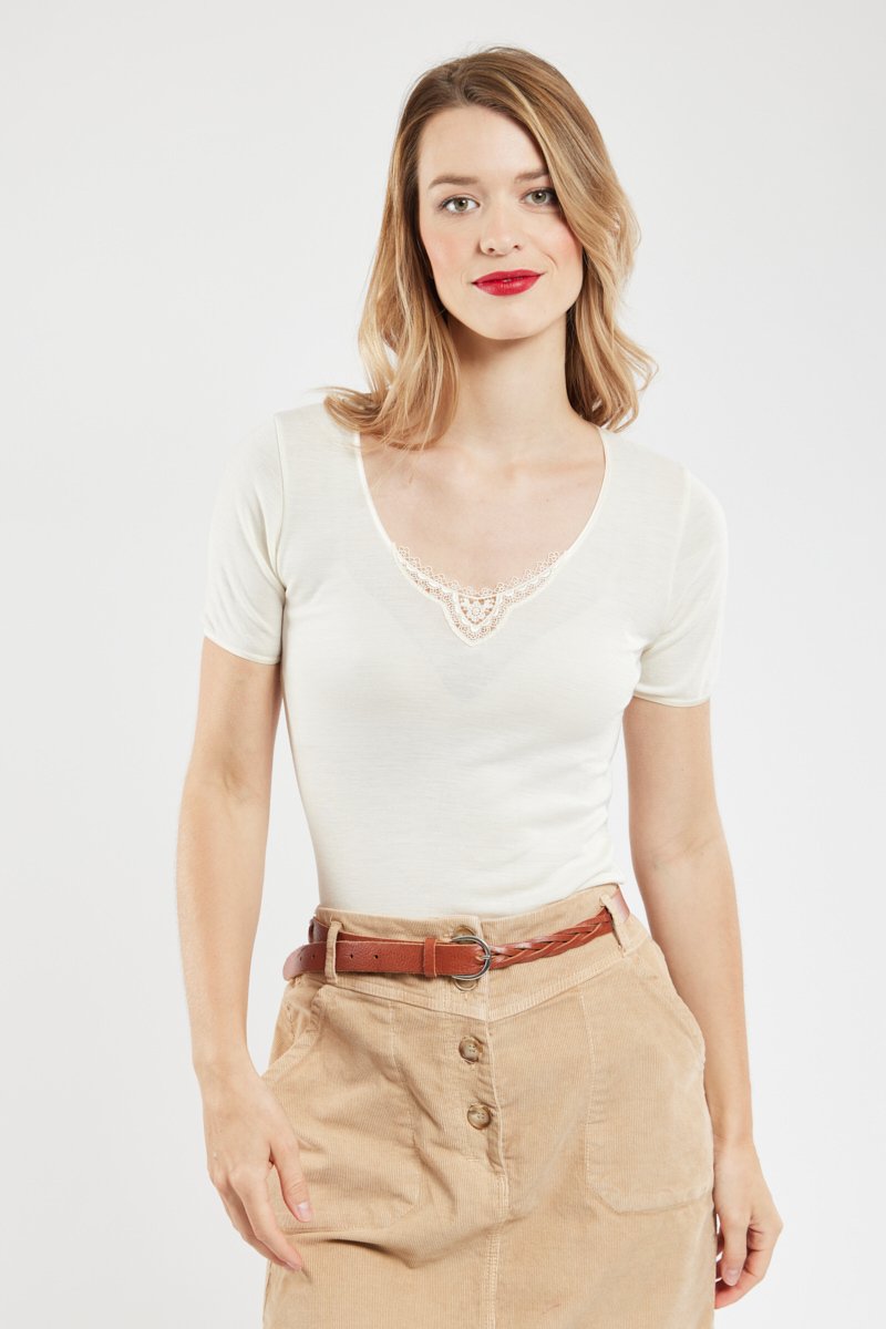 T-shirt col dentelle - laine et soie